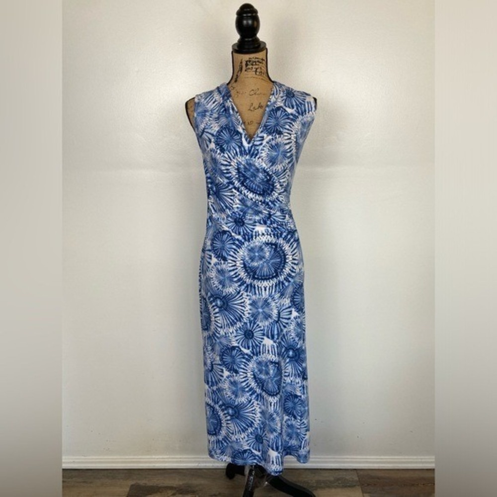 Tommy Bahama Soft Knit Maxi Dress Size XXS Blue Tie‎ Dye V-Neck Sleeveless